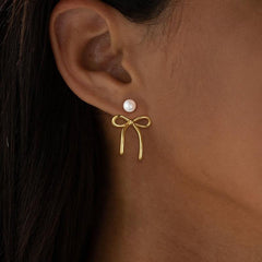 14K Pearl Accented Dangle Bow Earrings