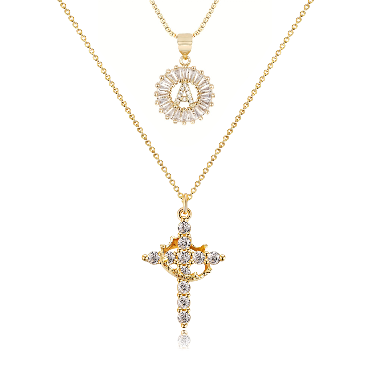 2-Piece 14K Diamond Cross Crown & Initial Necklace Set
