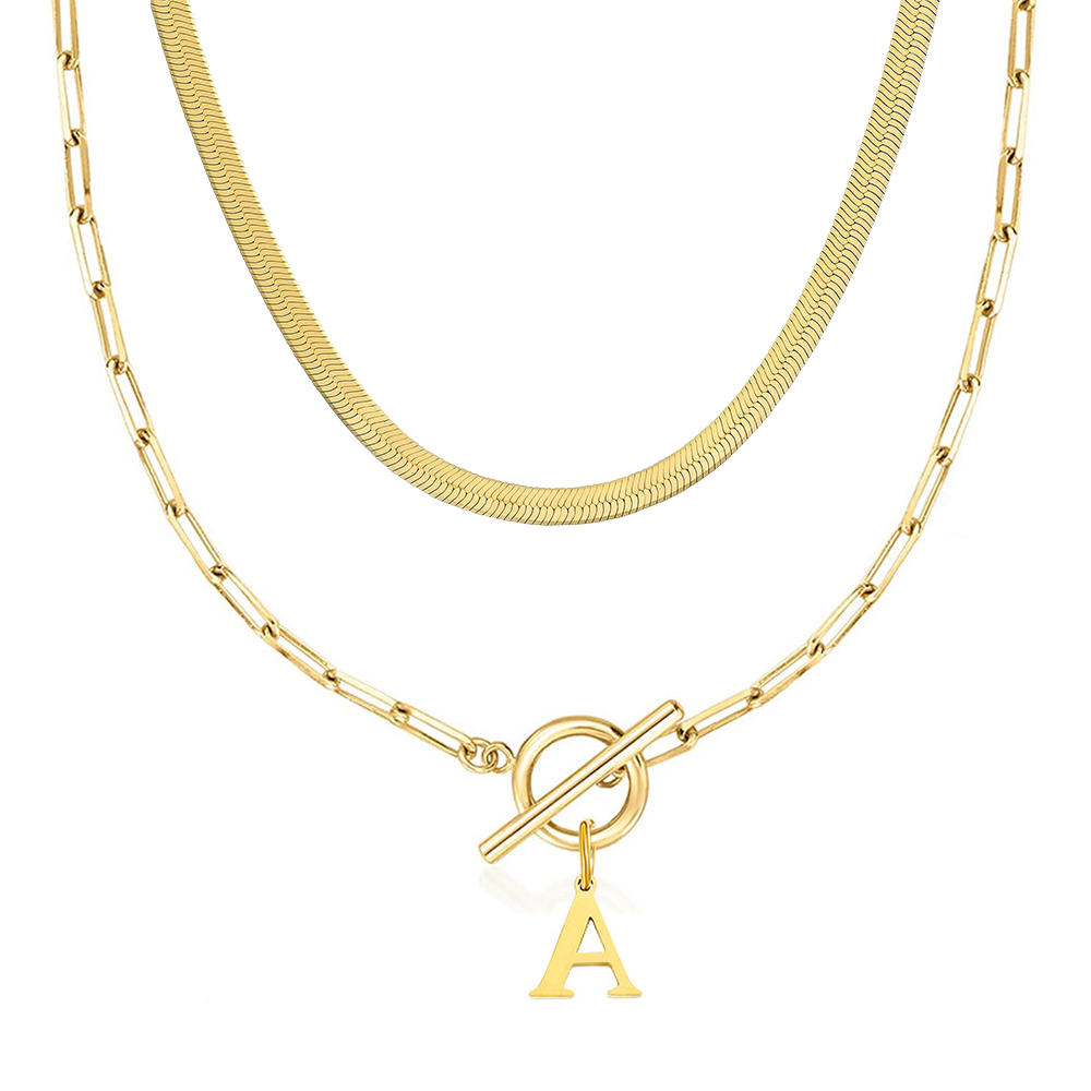 2-Piece Paperclip Initial Toggle Clasp & Herringbone Necklace Set
