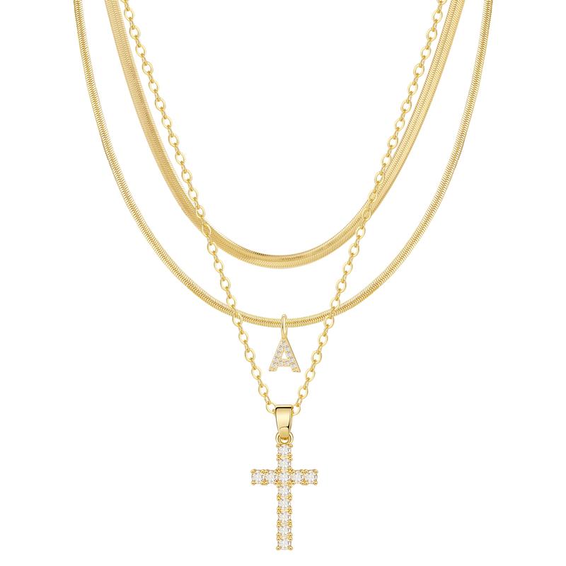 3-Piece 14K Diamond Accented Initial & Cross Necklace Set