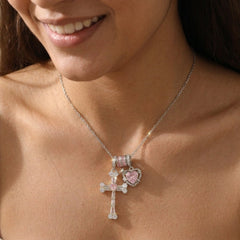 18K CZ Accented Cross & Heart Necklace