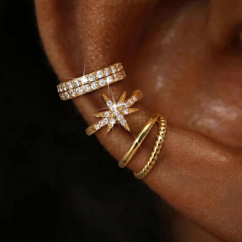 14K 3-Piece Set Elegant No-Piercing Ear Cuffs