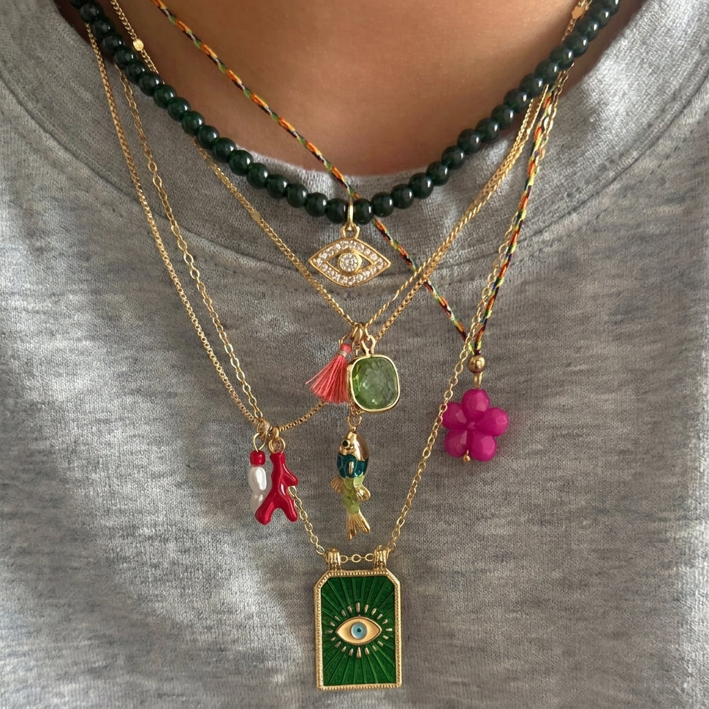 5-Piece Boho Evil Eye Fish Necklace Stack