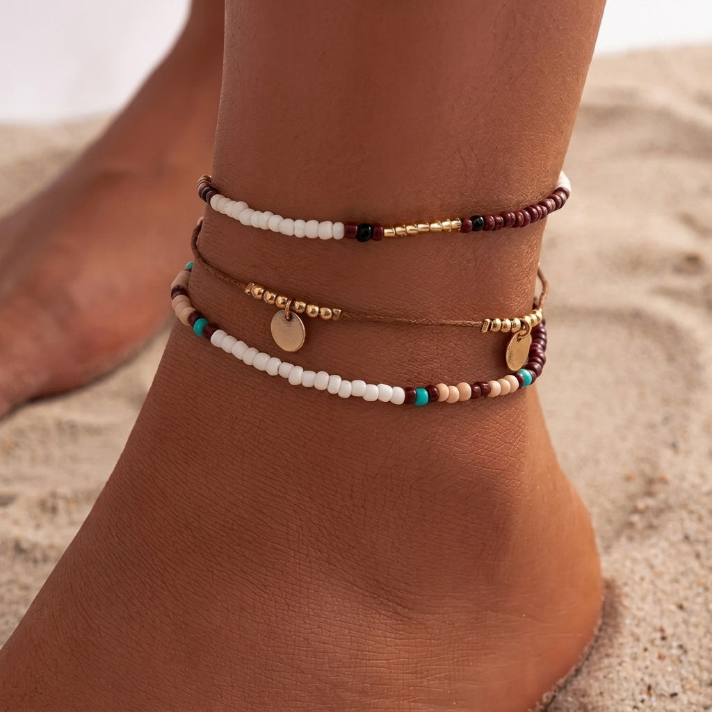 3-Piece Boho Beaded Anklet Stack