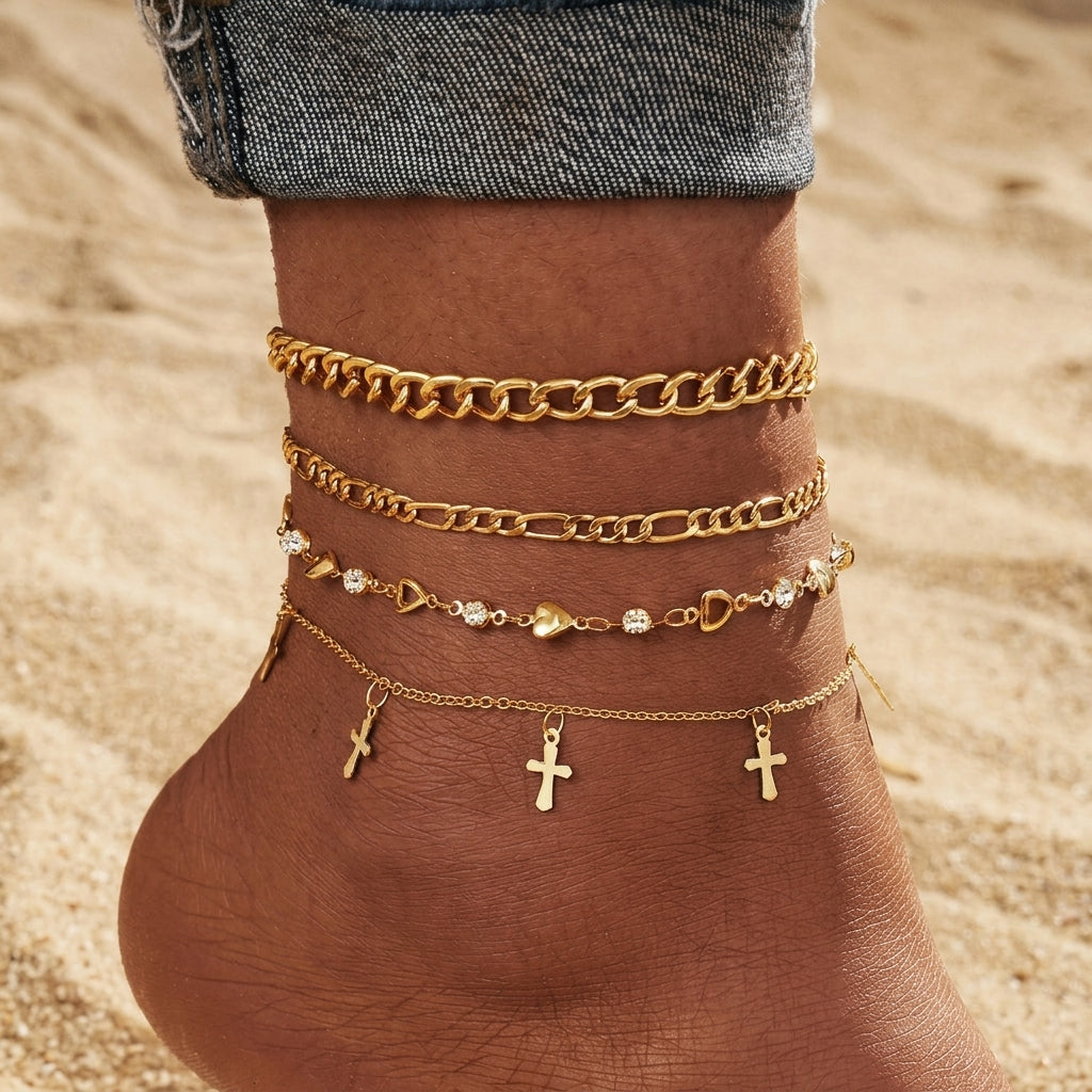 4-Piece Heart & Cross Anklet Stack