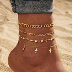 4-Piece Heart & Cross Anklet Stack