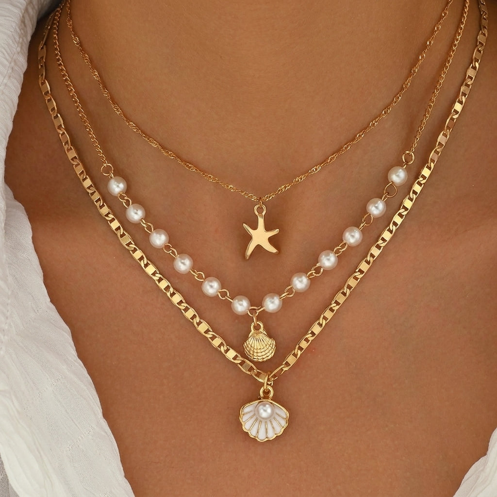 3-Piece Boho Starfish & Shell Layered Necklace Stack