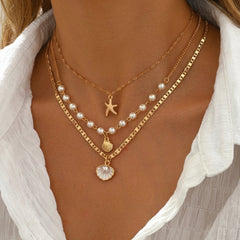 3-Piece Boho Starfish & Shell Layered Necklace Stack