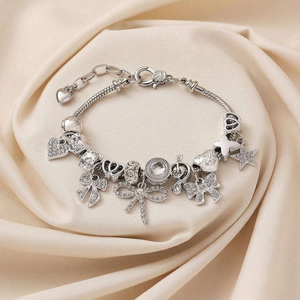 Elegant Bow & Heart Charm Bracelet