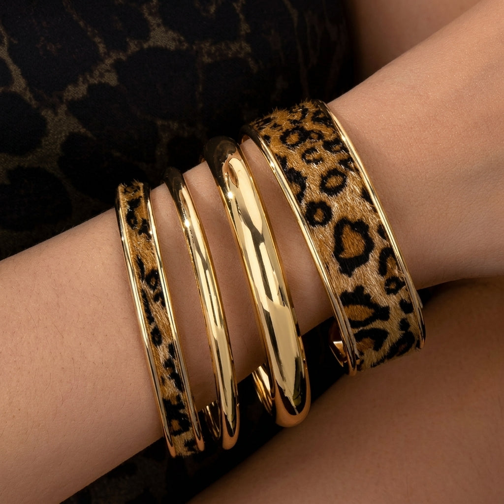 4-Piece Gold & Leopard Accented Bangle Stack