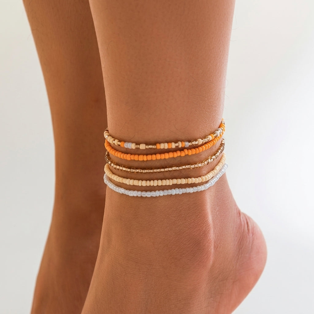 5-Piece Colorful Beaded Layered Anklet Stack