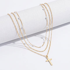2-Piece Dainty Layered Pearl & Cross Necklace Stack