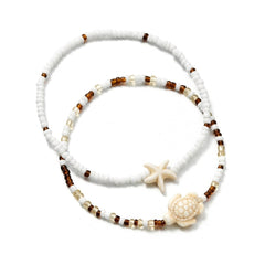 Dainty Boho Sea Star & Turtle Anklet Stack