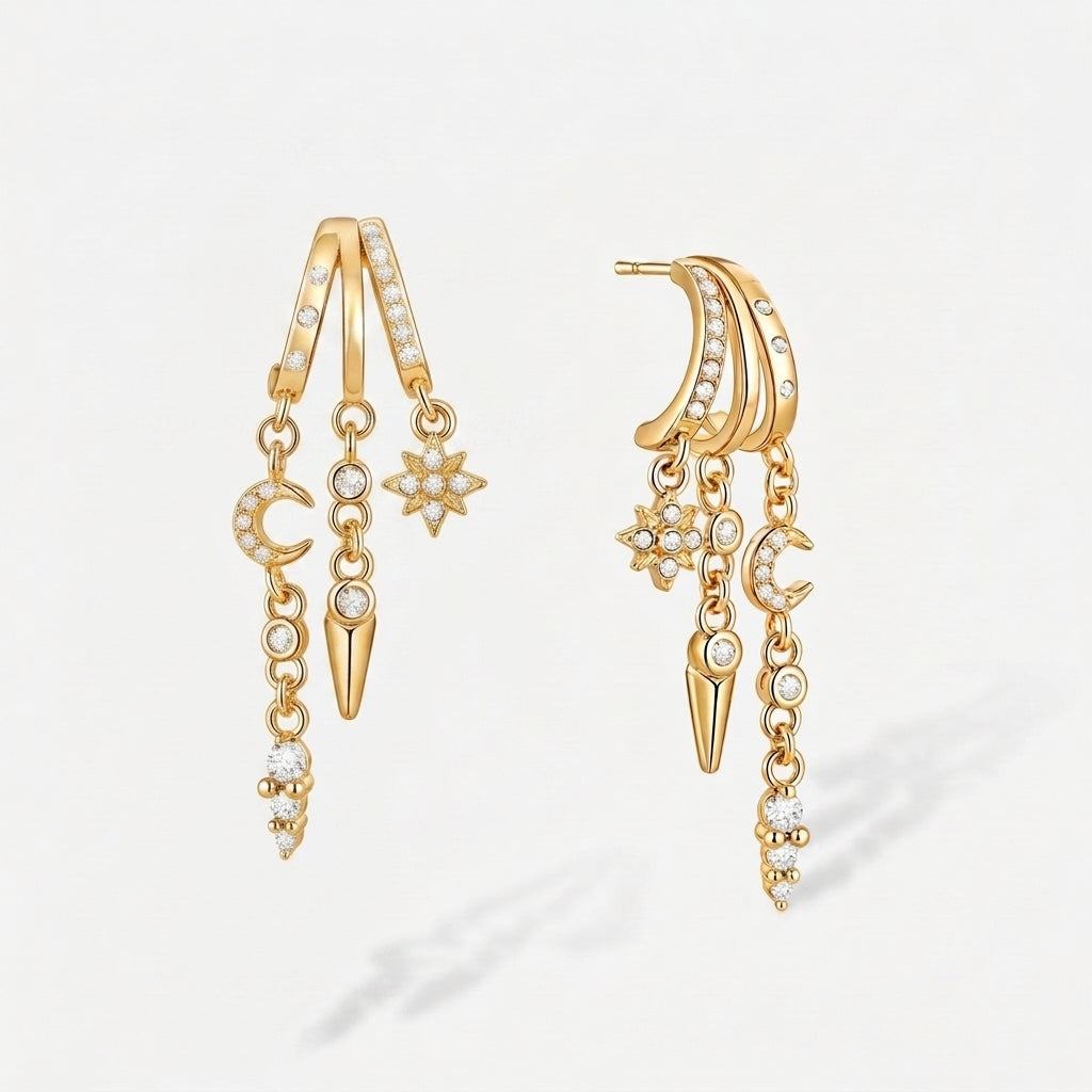 14K Trio Crescent Star and Moon Earrings