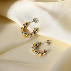 18K Two Tone Twist Spiral C Hoop Earrings