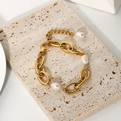 18K Chunky Paperclip Pearl Accented Bracelet