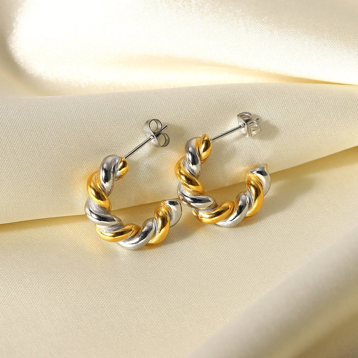 18K Two Tone Twist Spiral C Hoop Earrings