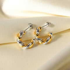 18K Two Tone Twist Spiral C Hoop Earrings