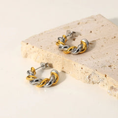 18K Two Tone Twist Spiral C Hoop Earrings