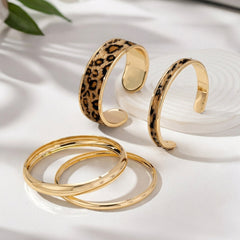 4-Piece Gold & Leopard Accented Bangle Stack