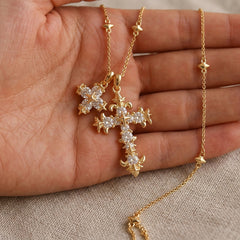 18K Floral Diamond Accented Cross Necklace