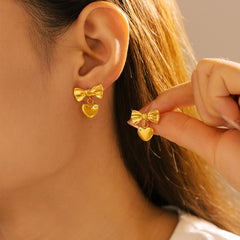 Bow Glass-Accent Stainless Steel Stud Earrings