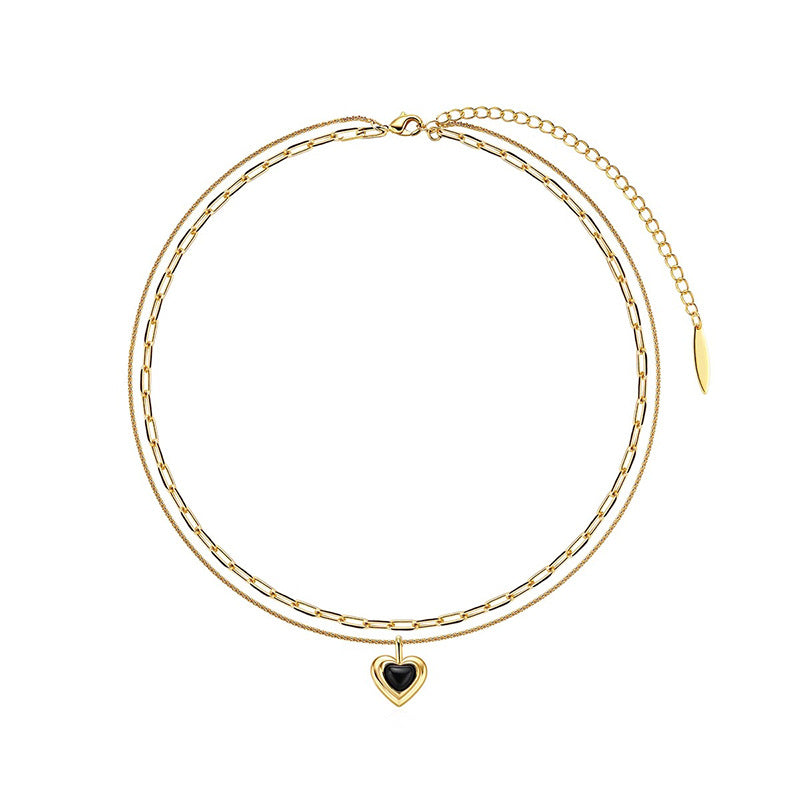 Camille Vintage-Inspired Black Agate Heart Layered Necklace