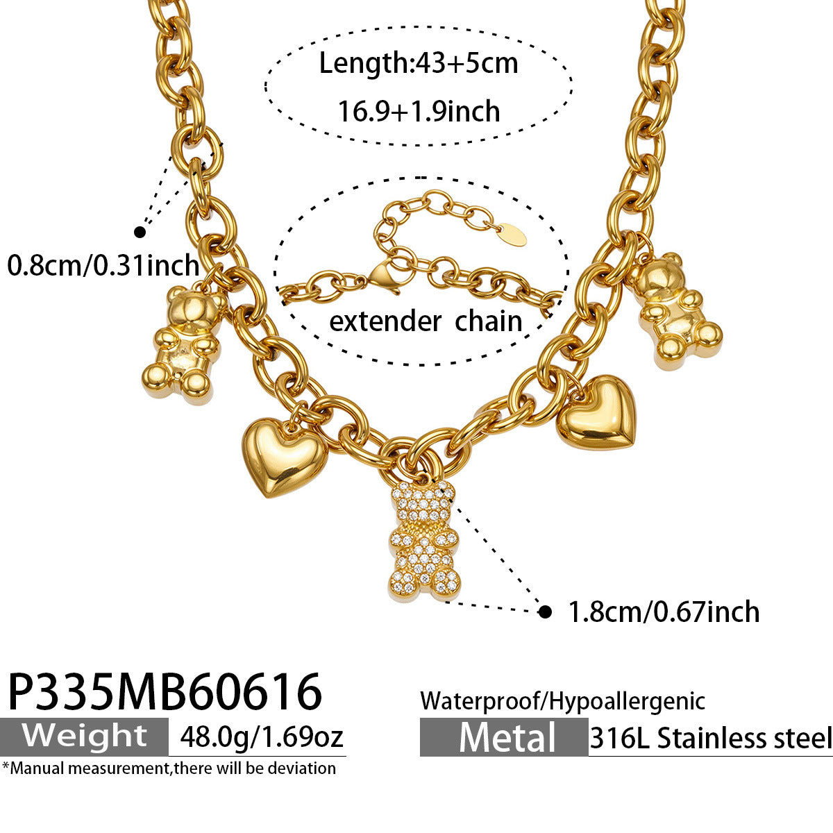 Gold-Tone Cubic Zirconia Heart & Bear Charm Necklace