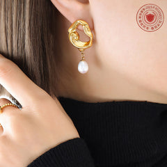 18K Gold-Plated Organic Hoop Freshwater Pearl Drop Earrings