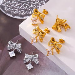 18K Gold-Plated Bow Cubic Zirconia Stud Earrings
