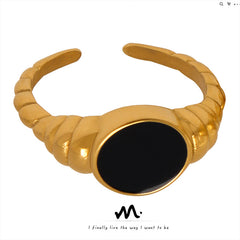 18K Gold-Plated Black Enamel Open Ring