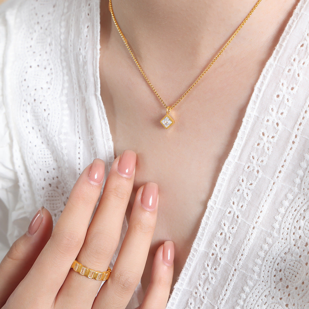 Square Cubic Zirconia or Glass Pendant Necklace