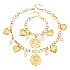 18K Gold-Plated Heart and Faux Pearl Charm Jewelry