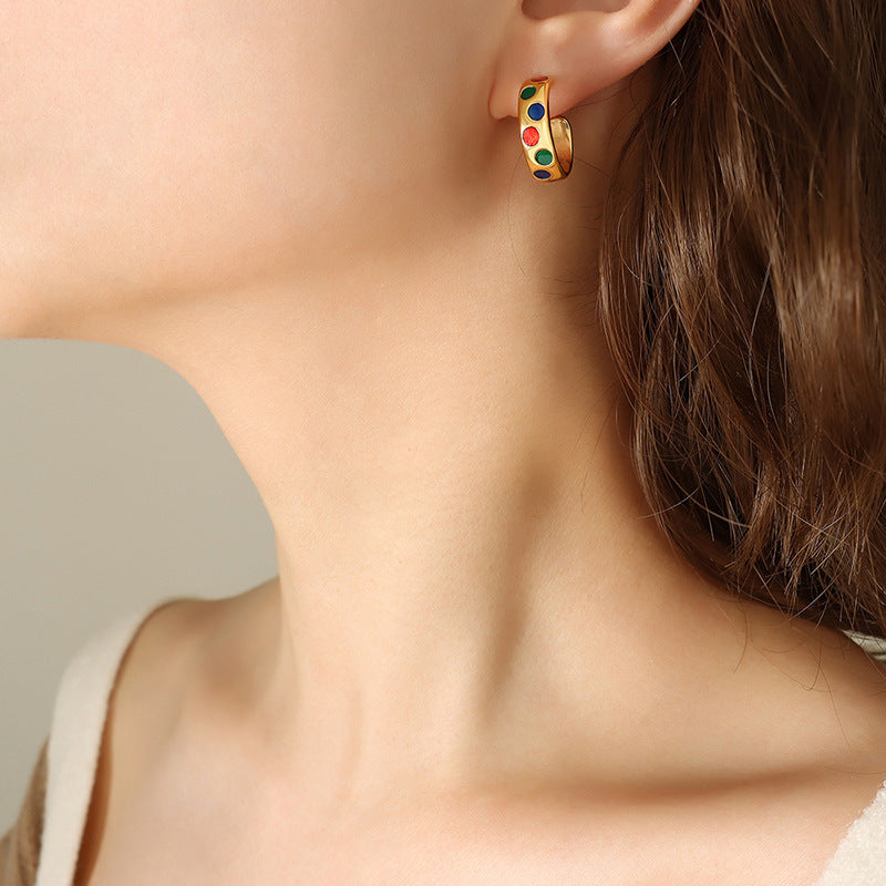 18K Gold-Plated Multicolor Enamel C-Hoop Earrings