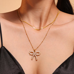 Bow Stone-Accent or Pearl-Look Necklace with Separate Chain Option