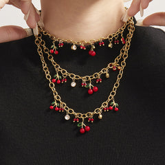 Gold-Tone Enamel Cherry Charm Necklace or Bracelet
