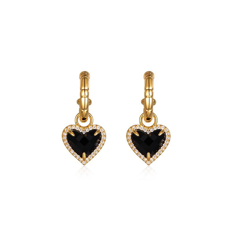 Daphne Black Agate Pavé Heart Stud Earrings