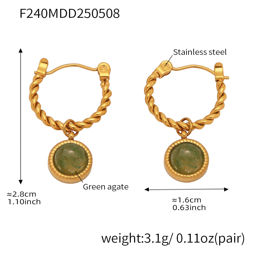 18K Gold-Plated Twisted Hoop Green Agate Earrings