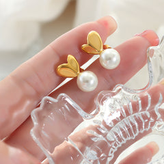 18K Gold-Plated Heart Pearl-Look Stud Earrings