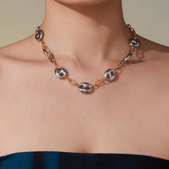 18K Gold-Plated Two-Tone Oval Bar Necklace