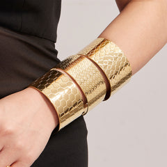 18K Gold-Plated Wide Floral Texture Cuff Bracelets
