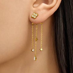 Floral Cubic Zirconia Long Chain Drop Earrings