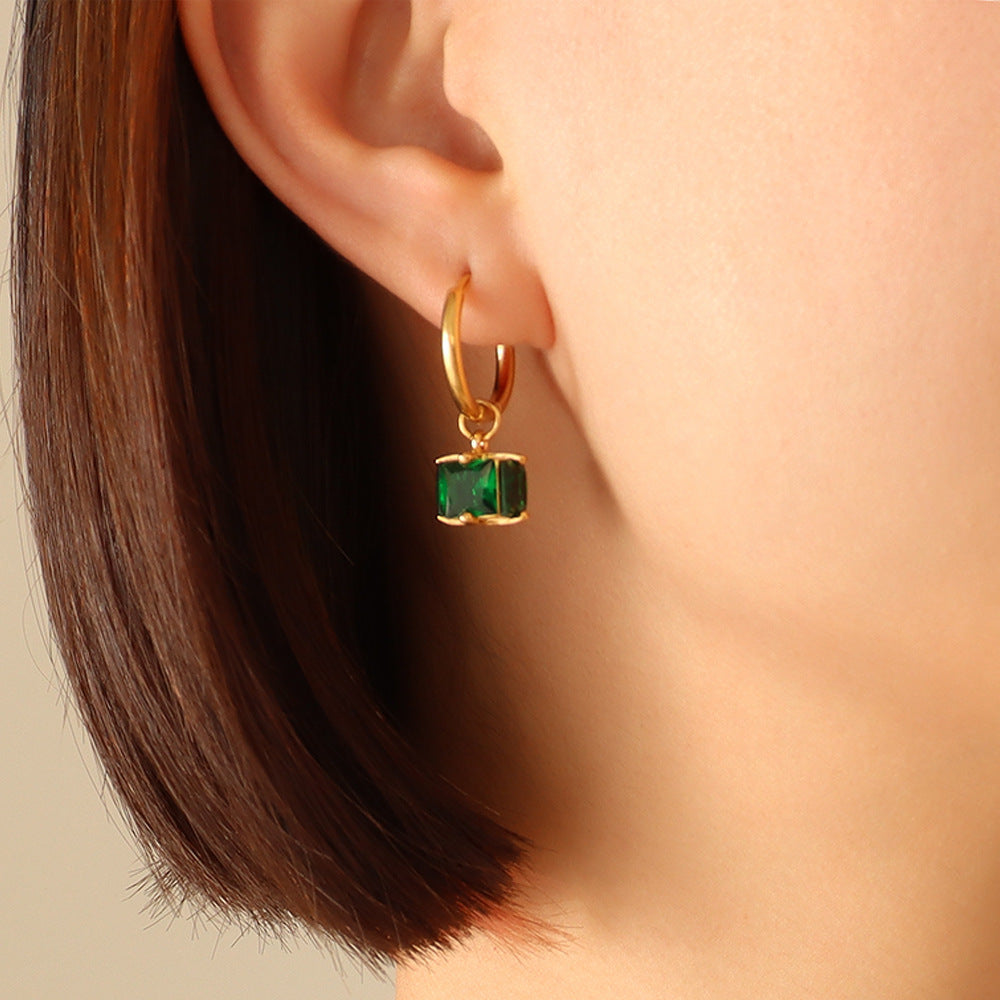 Green Cubic Zirconia Pendant Necklace & Hoop Earrings