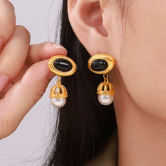 18K Gold-Plated Black Agate Pearl-Look Drop Earrings