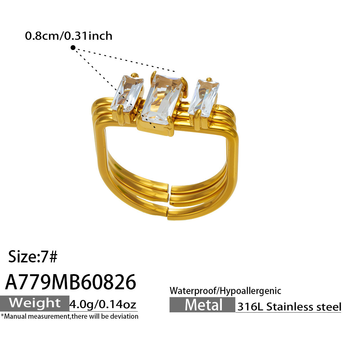 Rectangular Cubic Zirconia Three-Row Ring