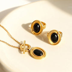 Black Agate Oval Pendant Necklace & Ring