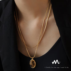 Tiger-Eye & Black Agate Oval Pendant Necklace