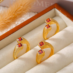 Gold-Tone Red Cubic Zirconia Ribbed Open Ring