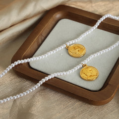 Faux Pearl Portrait Coin Pendant Necklace
