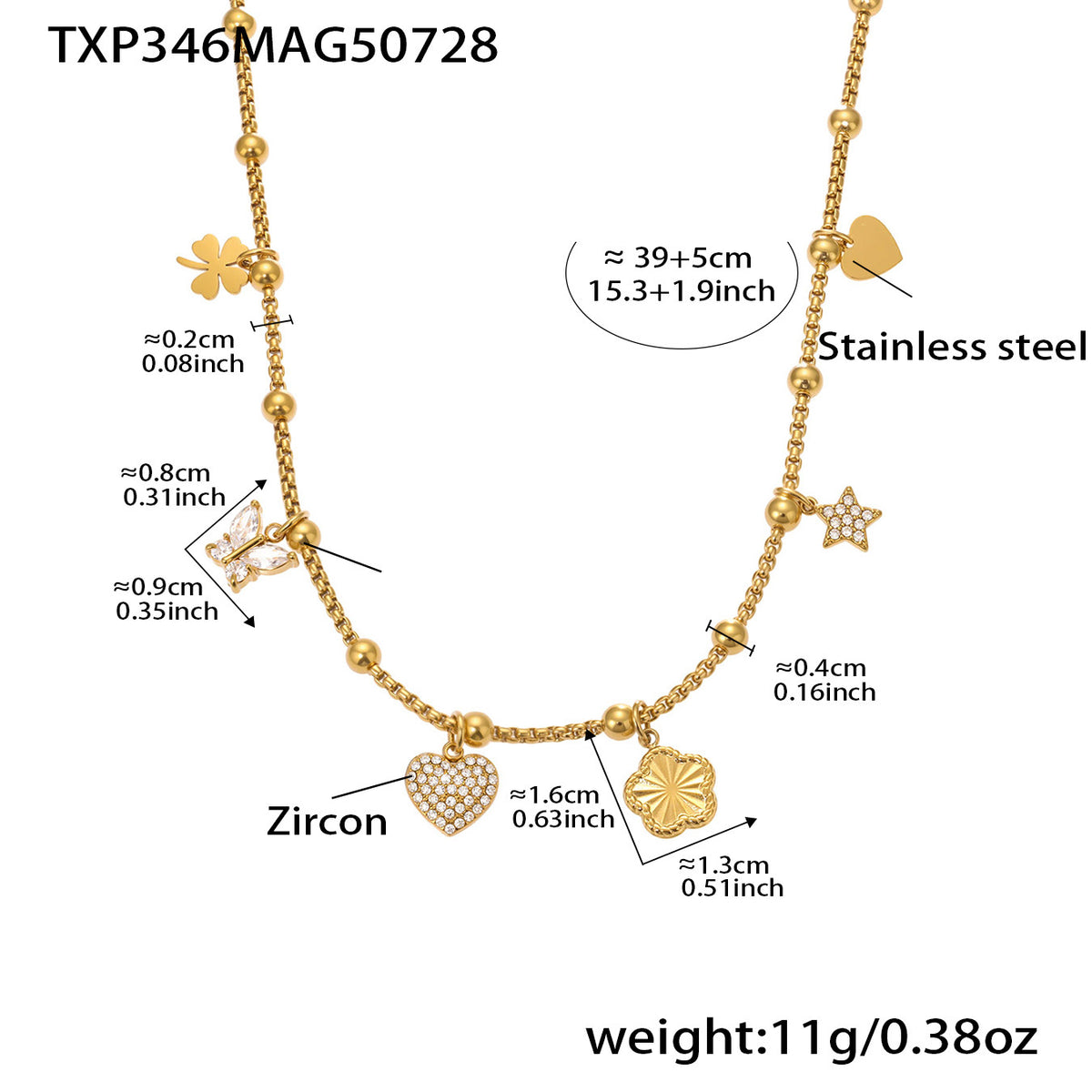 18K Gold-Plated Heart & Flower Charm Necklace & Bracelet